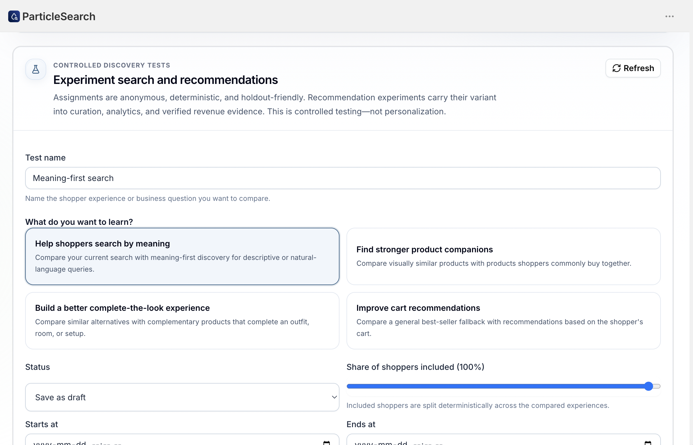 ParticleSearch experiment workspace showing a search experiment with deterministic assignment, a Meaning-first search template, traffic allocation, and controlled testing language